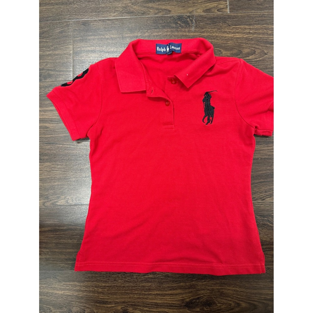 Ralph Lauren Women's Red Big Pony Polo Shirt Black Logo Size Medium